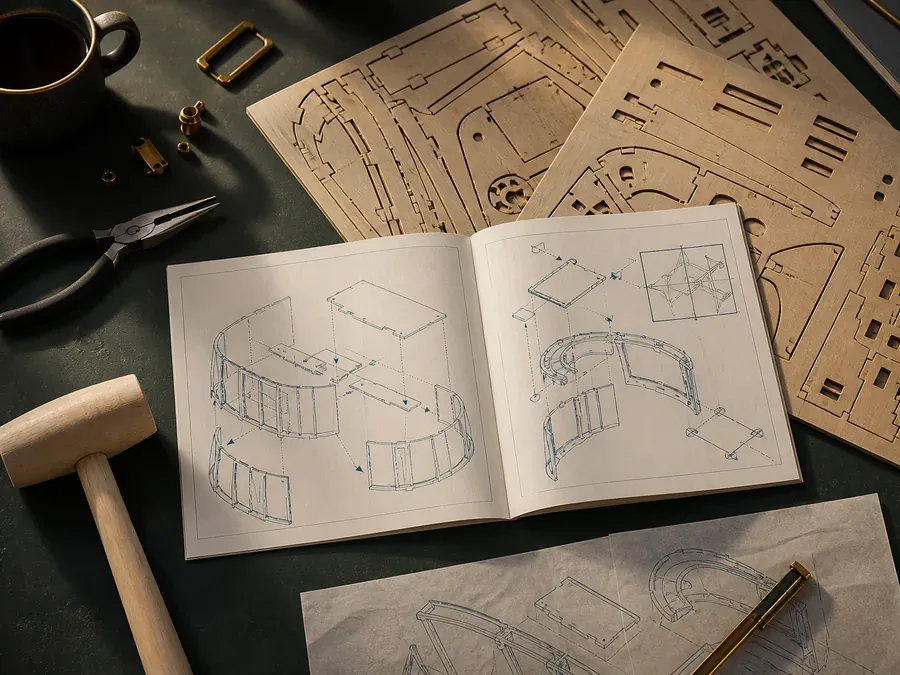 L'établi de l'atelier : planches prédécoupées, notice ouverte et pince fine