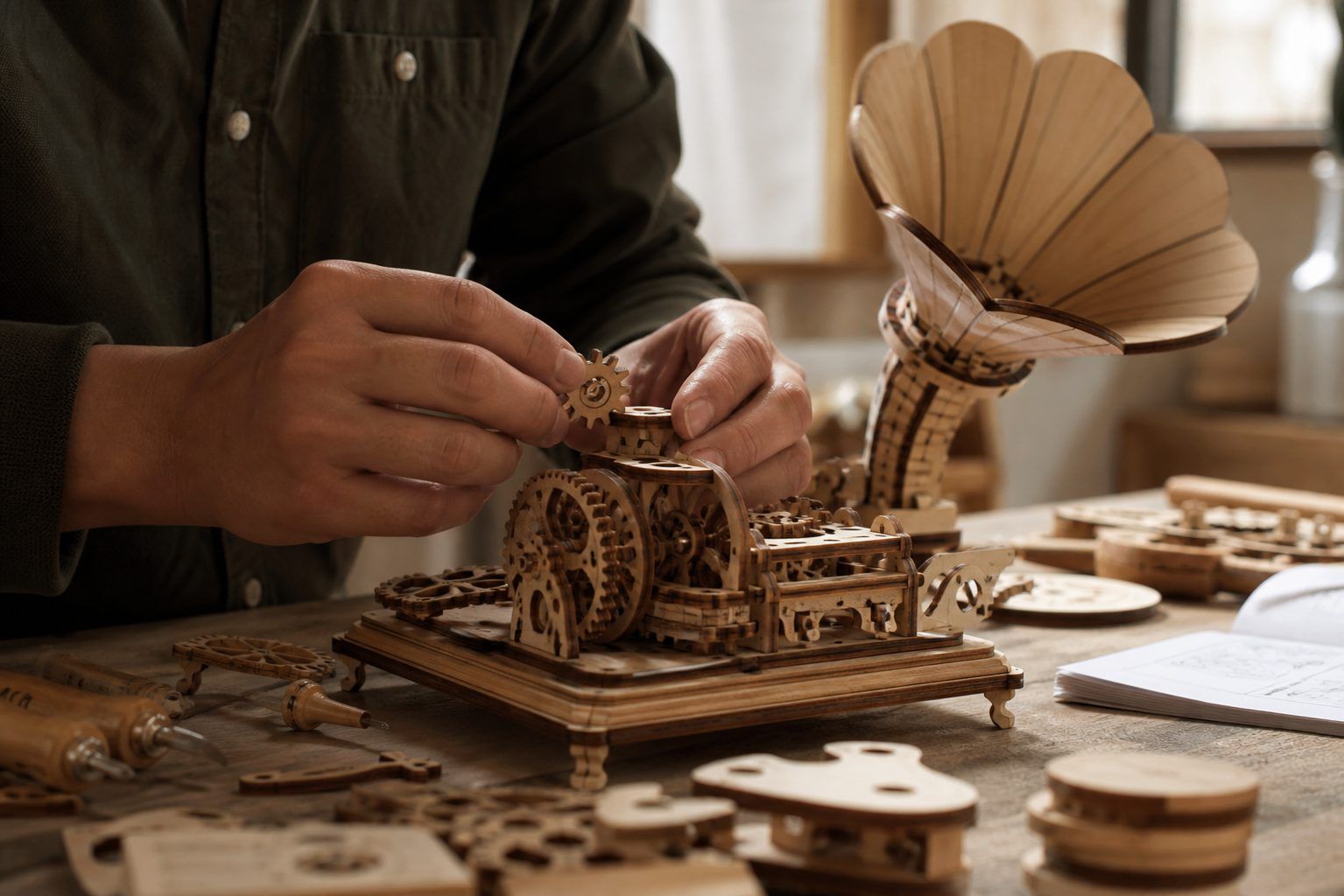 Monter une maquette bois gramophone sans bloquer les engrenages