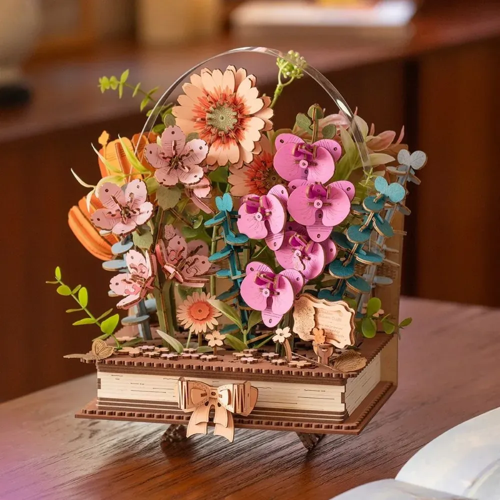 Puzzle 3D livre fleuri en bois