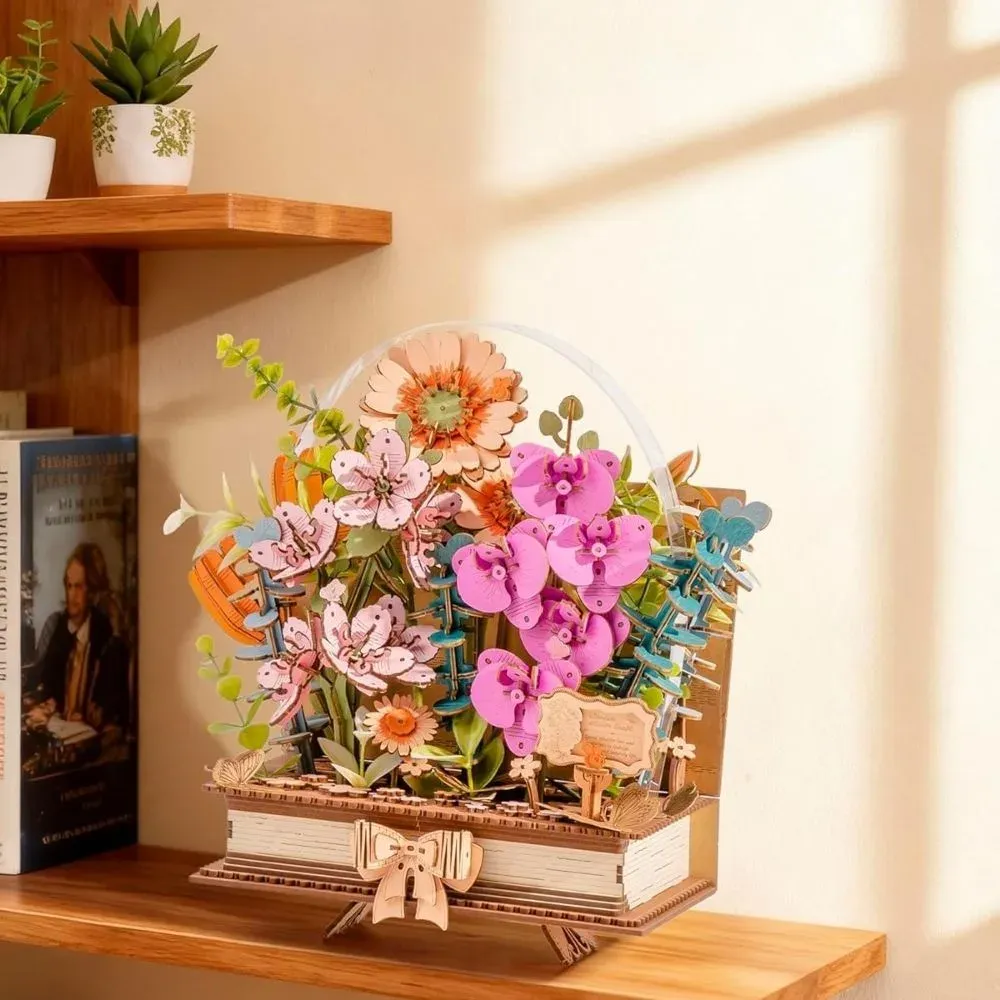 Puzzle 3D livre fleuri en bois : vue 3