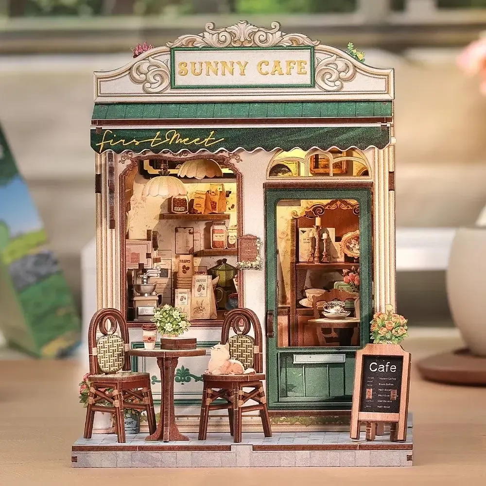 Maquette en bois café ensoleillé
