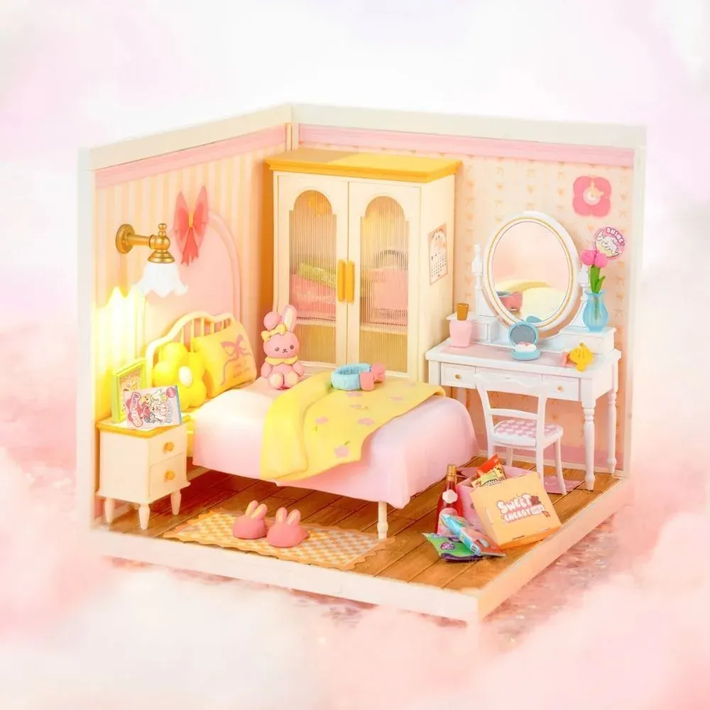 Maquette en bois chambre rose miniature