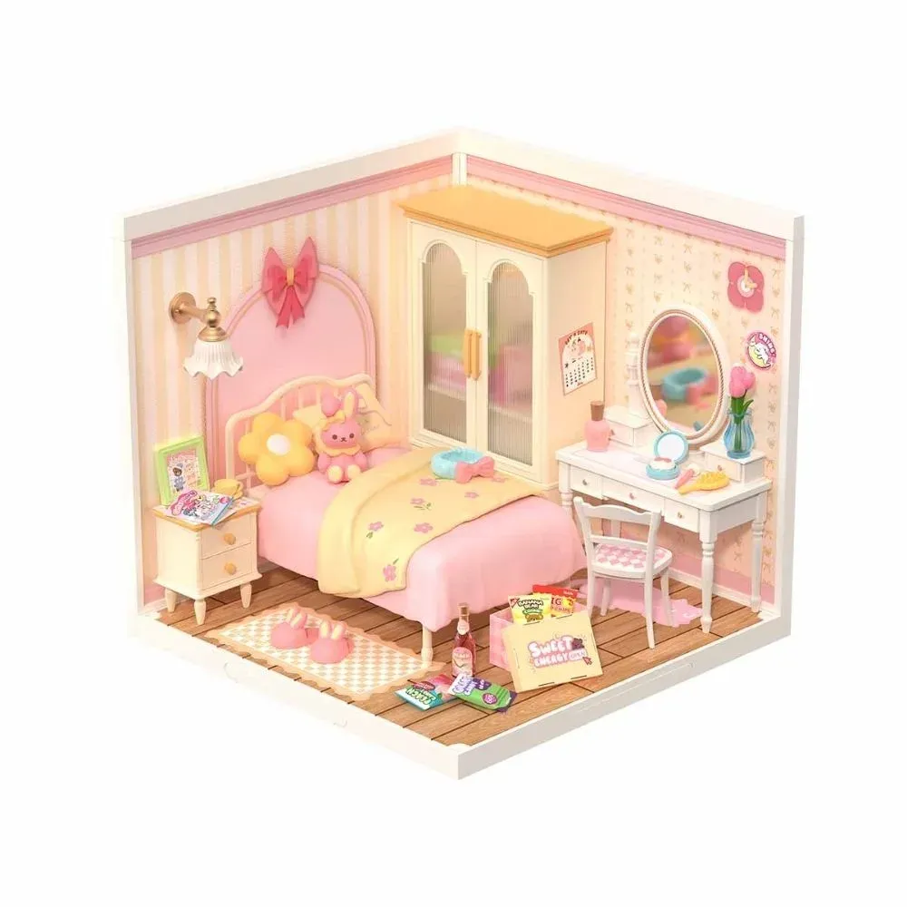 Maquette en bois chambre rose miniature : vue 2