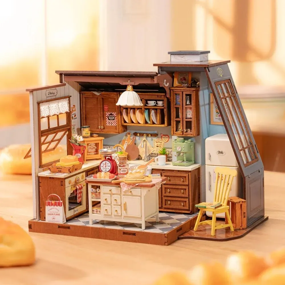 Maquette en bois maison miniature cuisine et pâtisserie