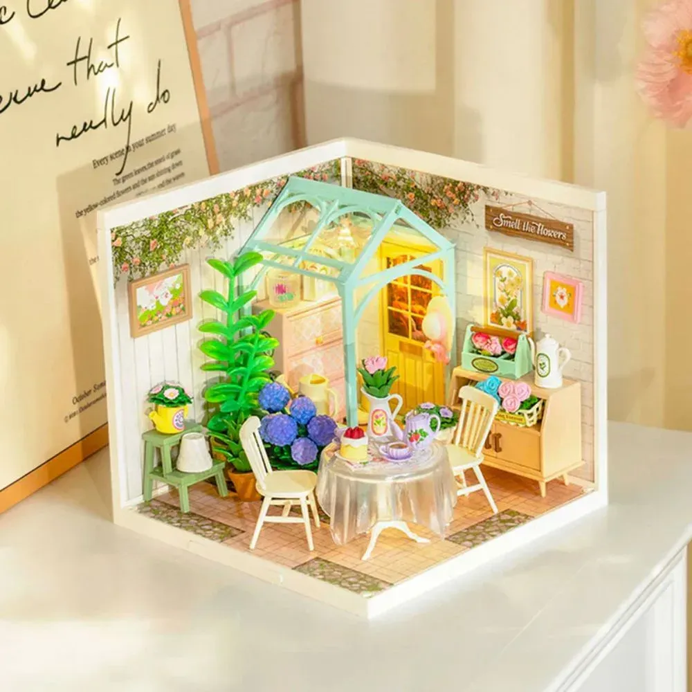 Maquette en bois maison miniature jardin de thé fleuri
