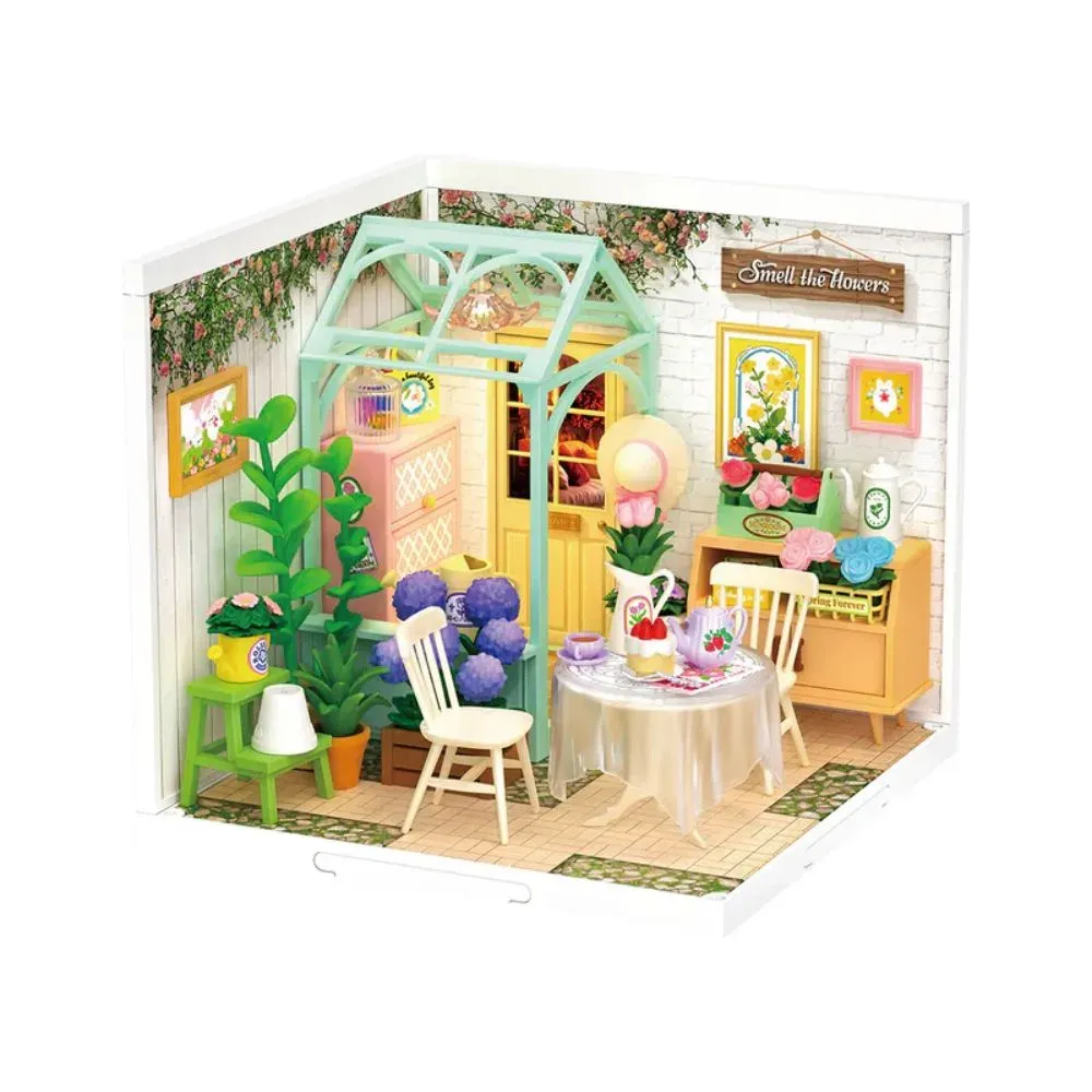 Maquette en bois maison miniature jardin de thé fleuri : vue 2
