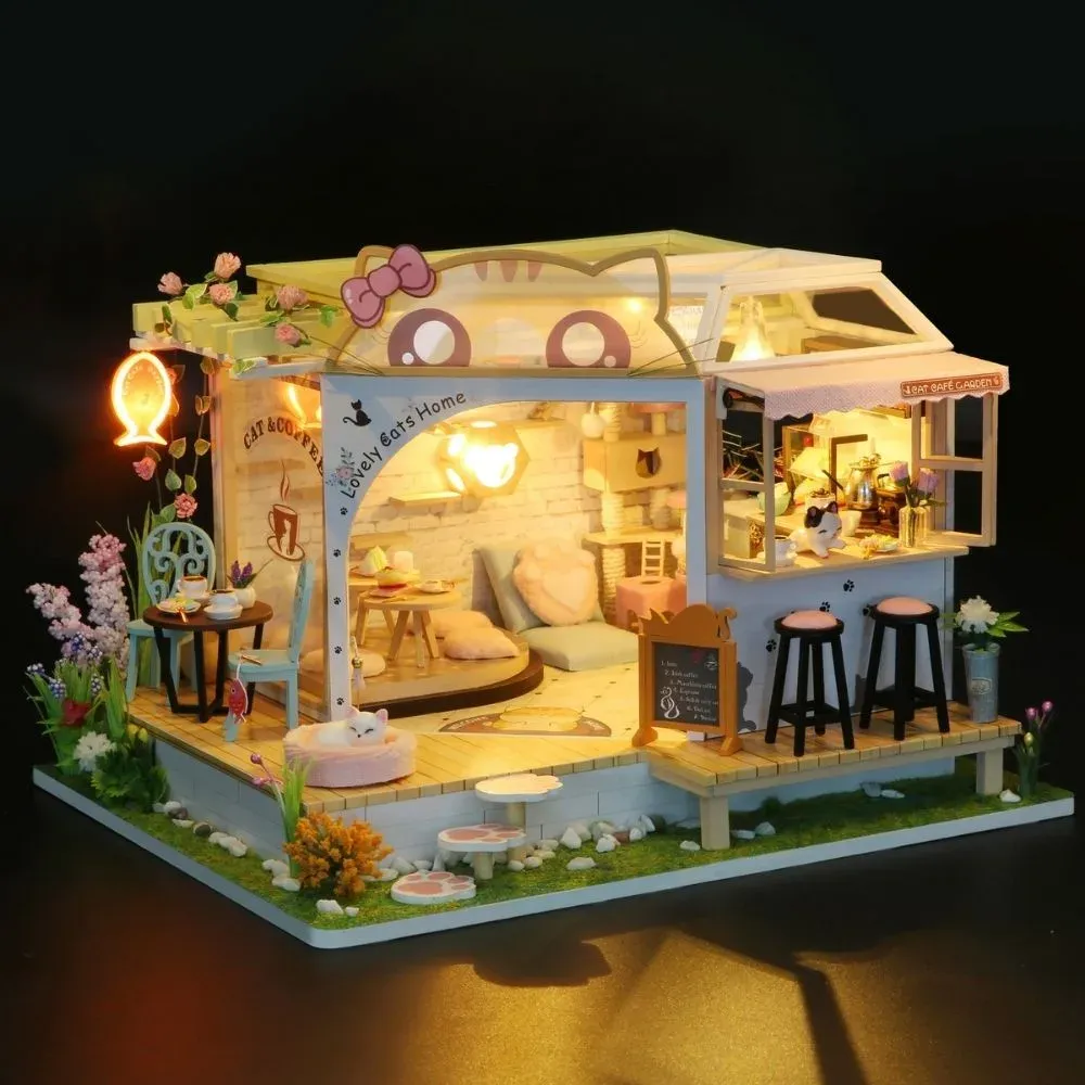 Maquette en bois maison miniature jardin du café du chat