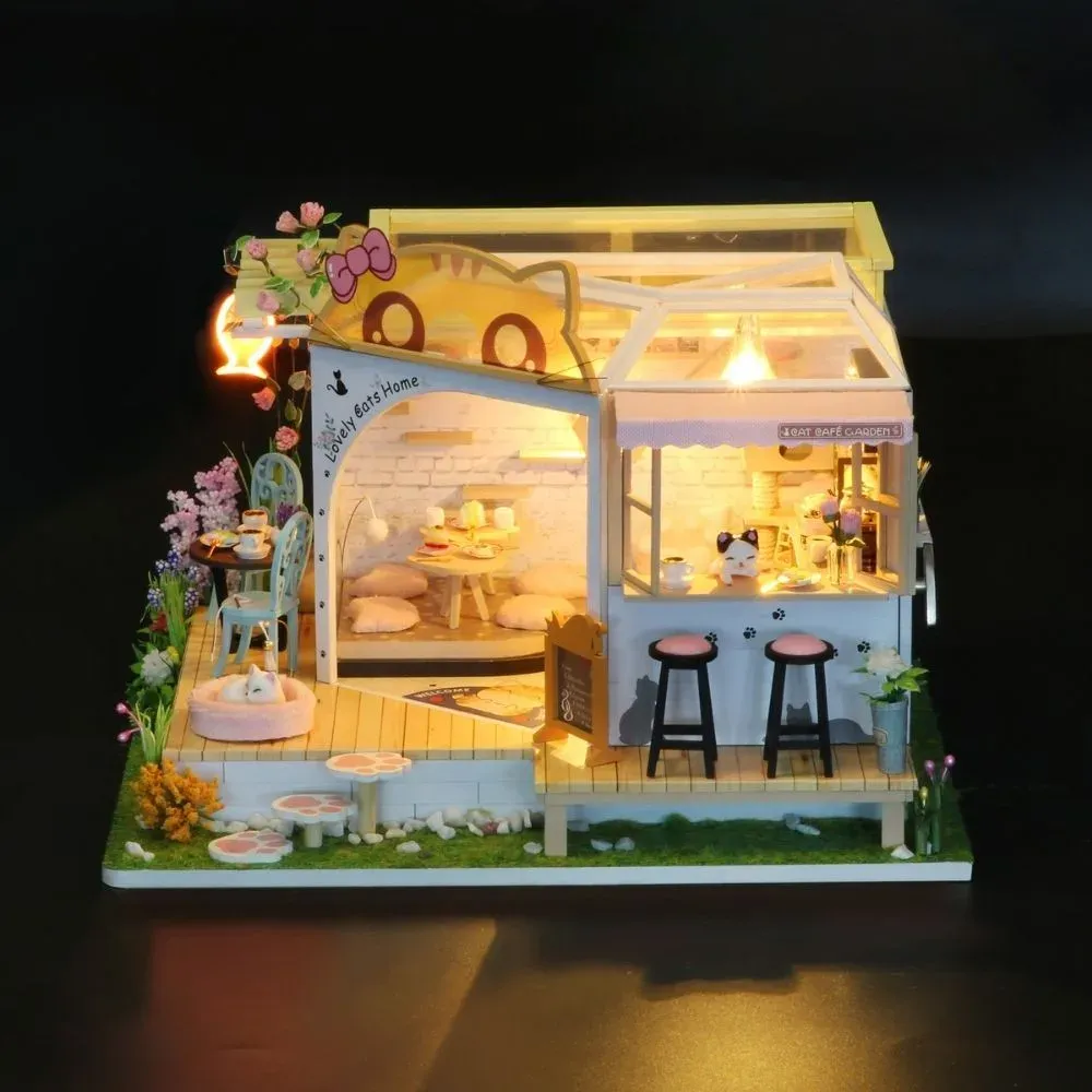 Maquette en bois maison miniature jardin du café du chat : vue 3