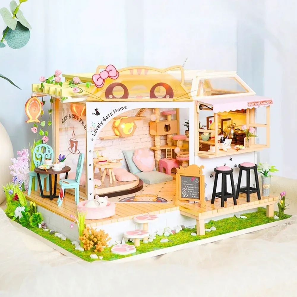 Maquette en bois maison miniature jardin du café du chat : vue 4