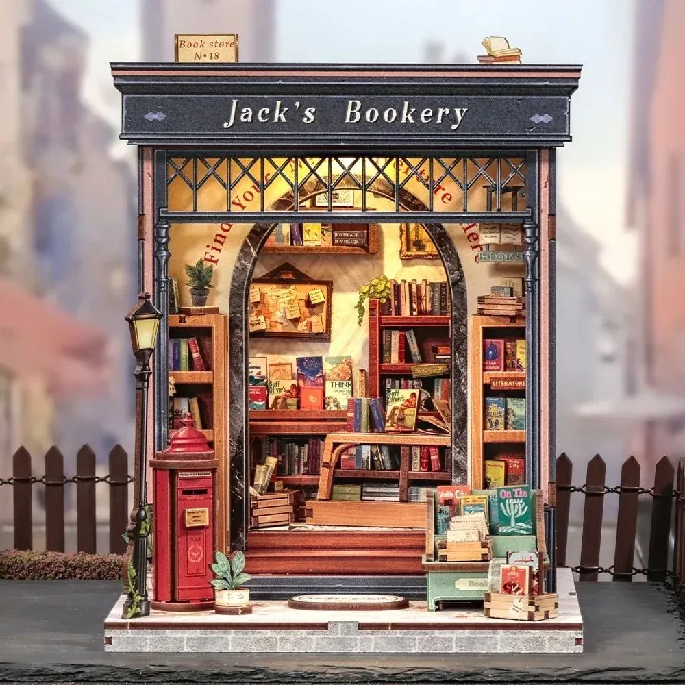 Maquette en bois librairie miniature à éclairage LED