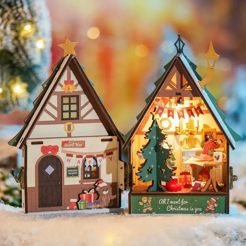 Maquette en bois maison miniature de Noël scintillante : vue 3
