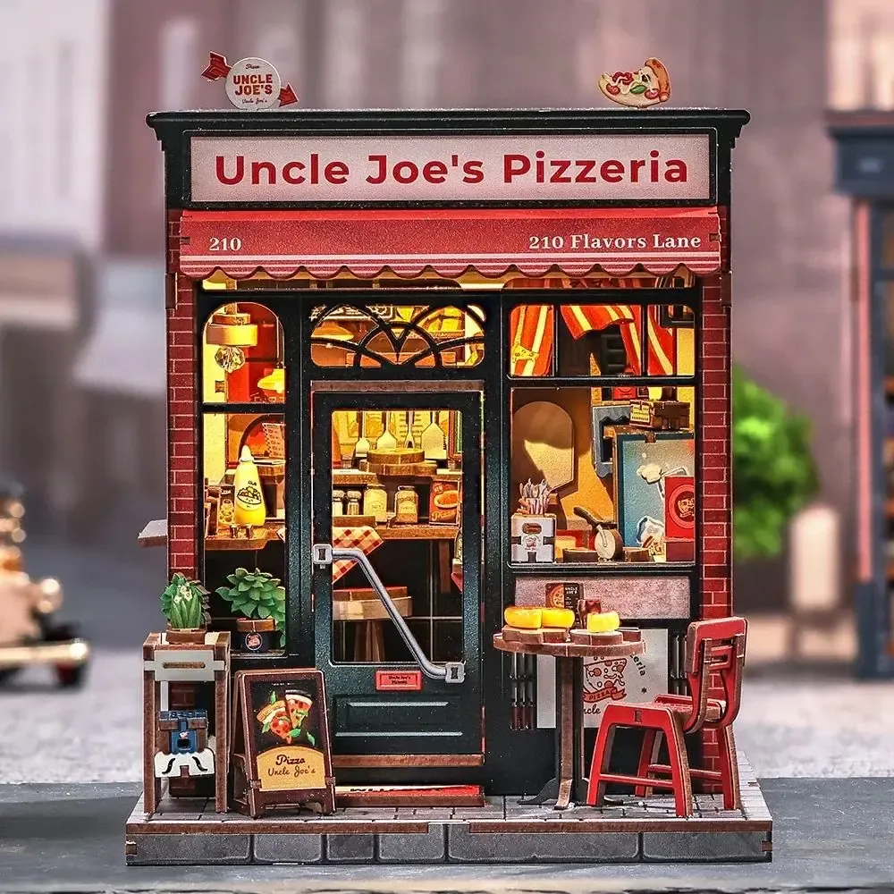 Maquette en bois pizzeria miniature à éclairage LED