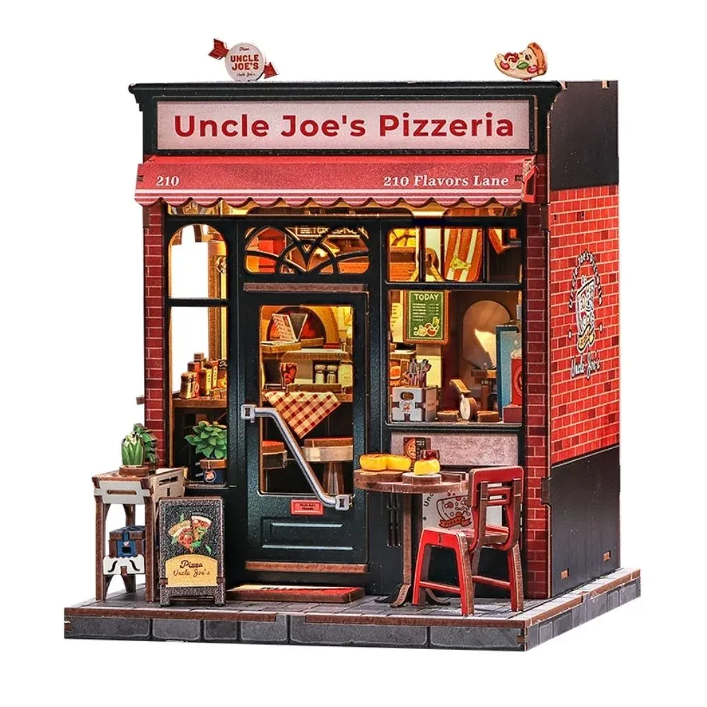 Maquette en bois pizzeria miniature à éclairage LED : vue 2