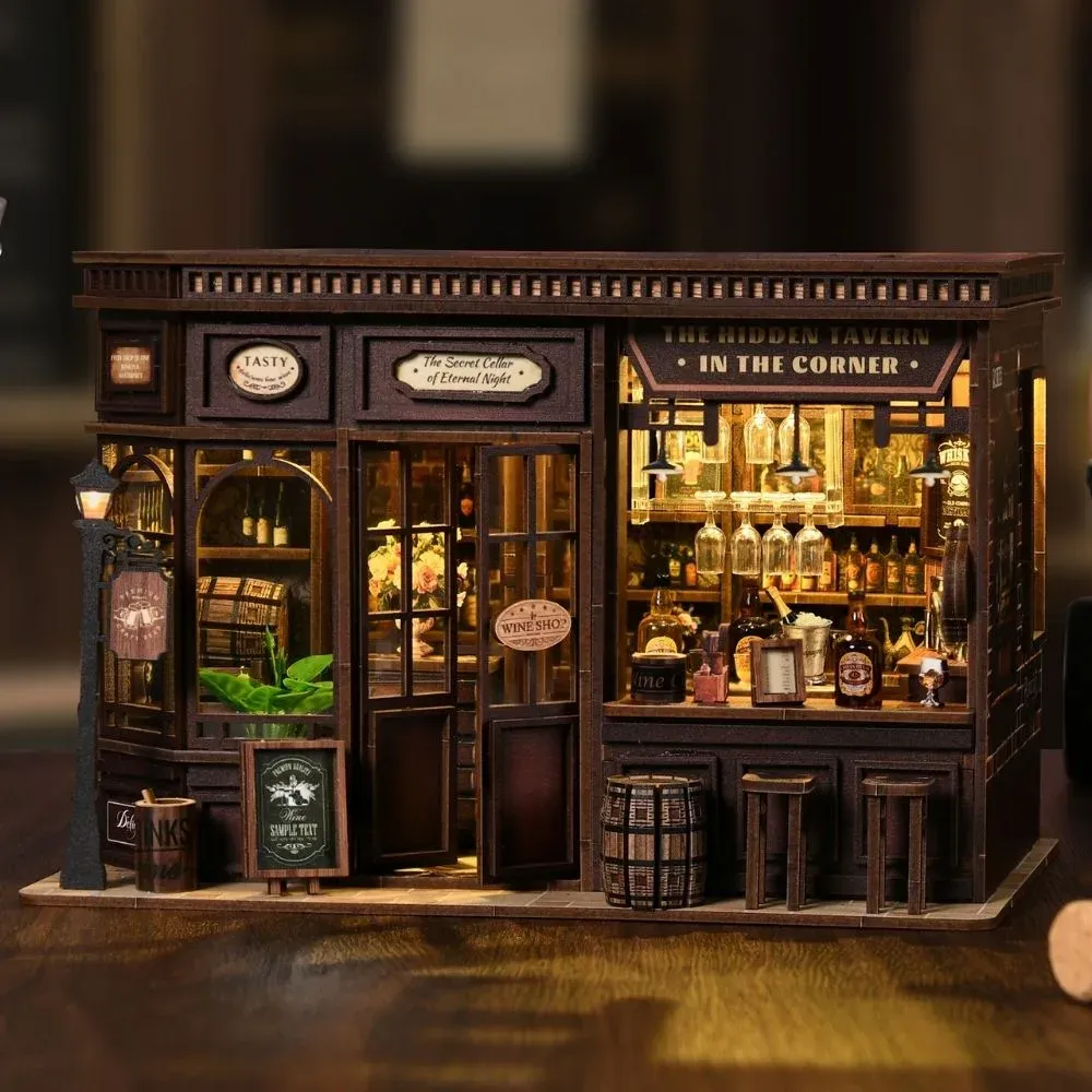 Maquette en bois taverne miniature lumineuse : vue 3
