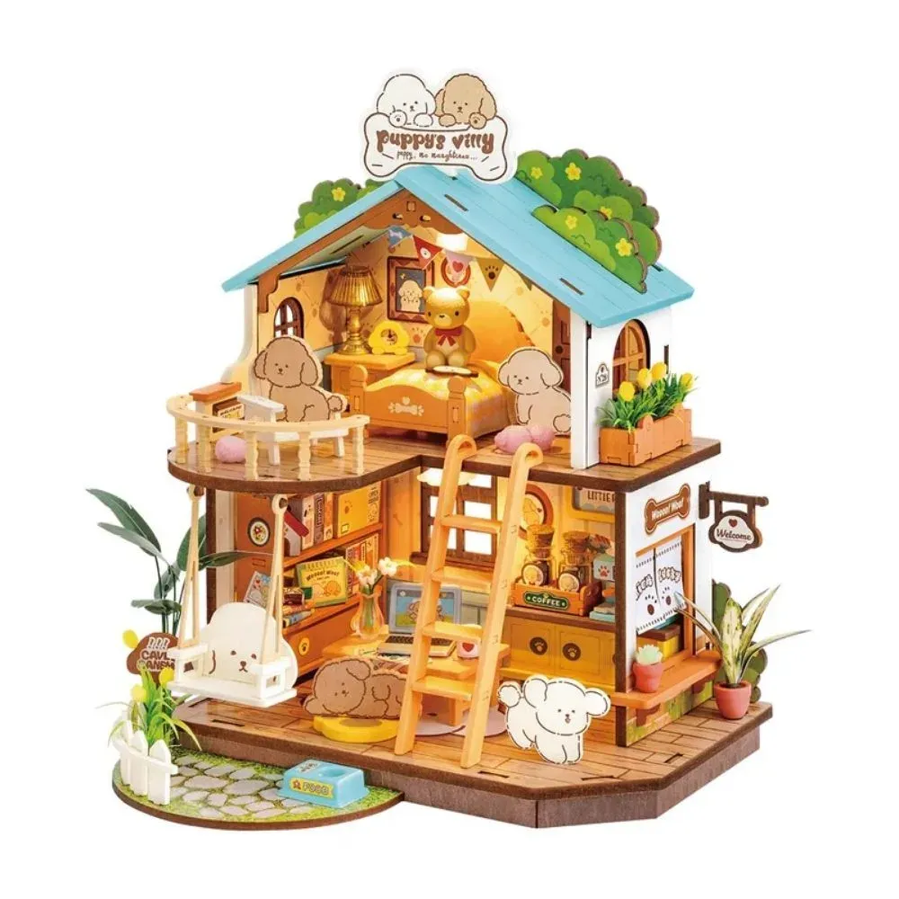 Maquette en bois maison miniature villa douillette du chiot : vue 2